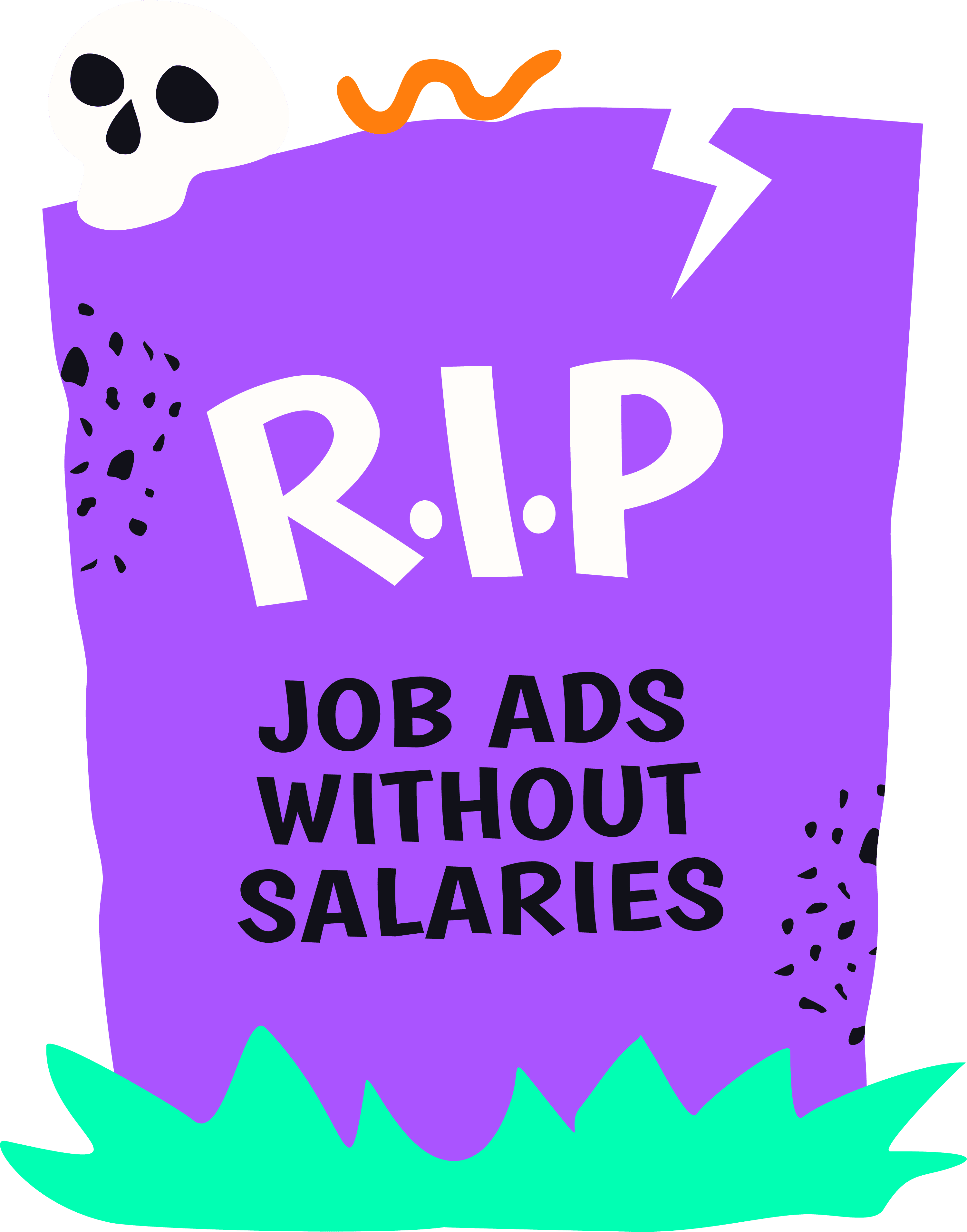 Tombstone illustration reading RIP Job Ads Without Salaries